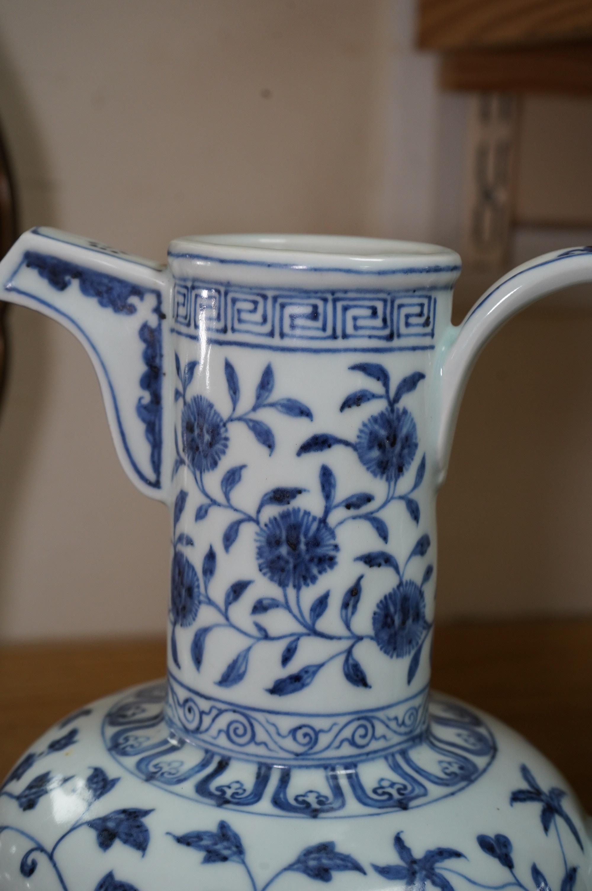 A large Chinese blue and white porcelain ewer, 36cm high. Condition - good